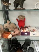A COLLECTION OF 6 SOFT TOYS, SMALL DOLLS, CIGARETTE CARDS AND DRESS JEWELLERY