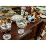 A COLLECTION OF SILVER PLATED WARES, ANTIQUE COPPER WARES, A EARLY POTTERY JUG, GLASS BOWL ETC.