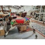 A VINTAGE FAIRGROUND CAROUSEL HORSE IN POLYCHROME COLOUR-WAY WITH METAL MOUNTS AND HANDLE