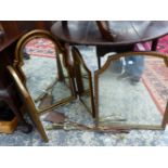 A TRIPTYCH MIRROR, A FURTHER GILT FRAMED MIRROR AND A SET OF FIRE TOOLS.