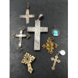 A LARGE VINTAGE SILVER ENGRAVED CROSS, A BONE STANHOPE CROSS DEPICTING THE IMMACULATE CONCEPTION,
