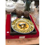 A CASED PRESENTATION SYRIAN PLATE, TWO LAWN BOWLS AND A FLORAL DECORATED TRAY