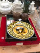 A CASED PRESENTATION SYRIAN PLATE, TWO LAWN BOWLS AND A FLORAL DECORATED TRAY