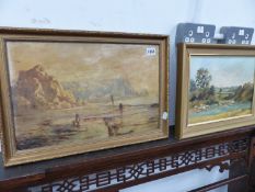 A LATE VICTORIAN OIL ON CANVAS PAINTING ALONG THE SHORE LINE TOGETHER WITH A LATER PAINTING SIGNED A