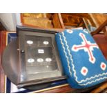 A LACQUER WORK TRAY, A KNEELING STOOL AND A KEY BOX