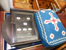 A LACQUER WORK TRAY, A KNEELING STOOL AND A KEY BOX