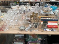 DRINKING GLASS, DECANTERS, ELECTROPLATE TO INCLUDE: JUGS, GOBLETS AND A CHAFING STAND