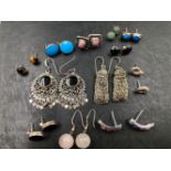 12 PAIRS OF ASSORTED CONTINENTAL AND STERLING SILVER EARRINGS, MOST STAMPED 925, NO ASSAY MARKS.