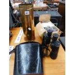 A VINTAGE BRASS LARGE SHELL CASE, A PAIR BINOCULARS AND A AMMETER