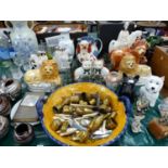 VARIOUS ANTIQUE AND LATER STAFFORDSHIRE FIGURES, A LARGE TABLE LAMP, ORNAMENTAL CHINA WARES, CUTLERY