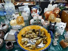 VARIOUS ANTIQUE AND LATER STAFFORDSHIRE FIGURES, A LARGE TABLE LAMP, ORNAMENTAL CHINA WARES, CUTLERY