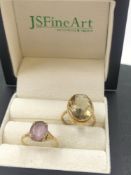 TWO VINTAGE 9ct GOLD FACET CUT GEMSET RINGS. FINGER SIZES L 1/2, AND O. GROSS WEIGHT 6.01grms.