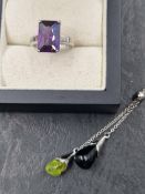A CONTEMPORARY DOUBLE DROP SILVER PENDANT NECKLACE, LENGTH EXCLUDING DROP 42cms, TOGETHER WITH A