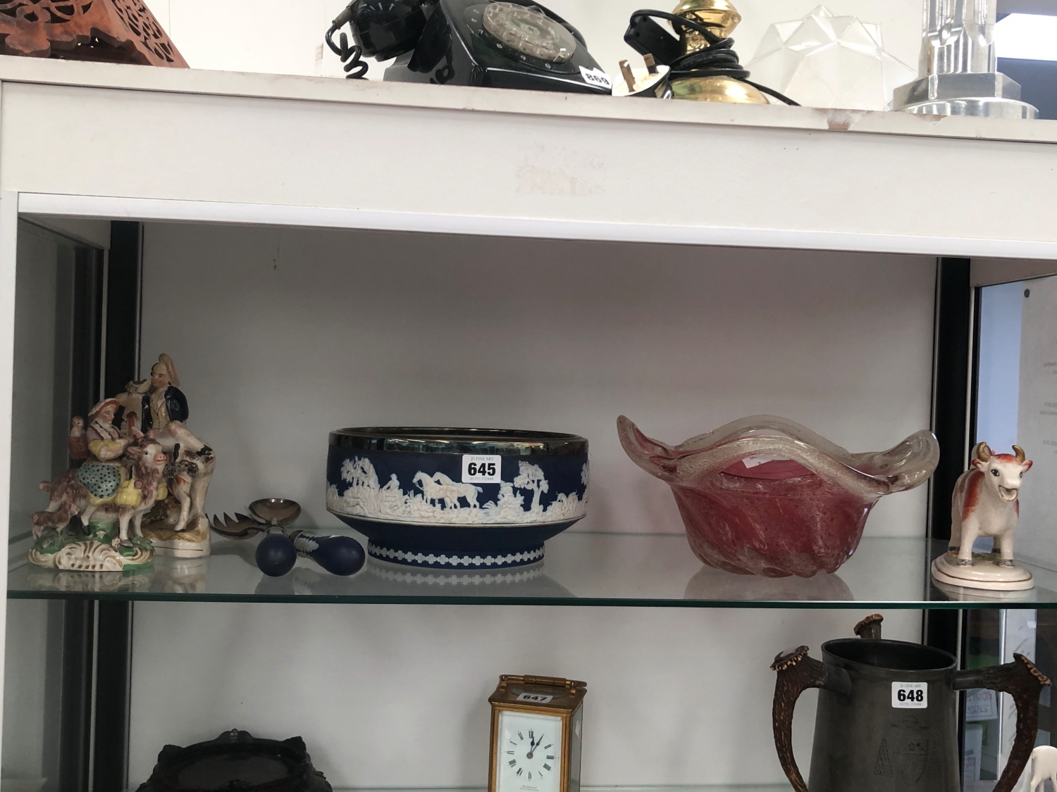 AN ADAMS BLUE JASPER SALAD BOWL AND SERVERS, A COW CREAMER, 2 STAFFORDSHIRE FIGURES AND AN ART GLASS