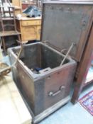 AN ANTIQUE OAK STRONG BOX COMPLETE WITH LOCK AND KEY