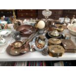MIDDLE EASTERN BRASS AND COPPER WARES, AN ELECTROPLATE CANDLESTICK OIL LAMP, AN OSTRICH EGG,