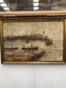 C LUCAS 20th C. OIL ON CANVAS OF A HARBOUR SCENE. 59 x 89cms