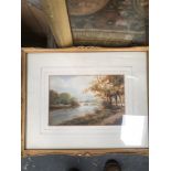 A BOX OF DECORATIVE PRINTS AND A WATERCOLOUR TOGETHER WITH A WOOD FRAMED MIRROR AND NEEDLEWORK PANEL
