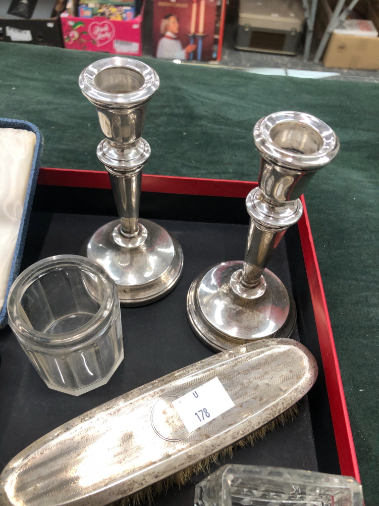 A SET OF HALLMARKED SILVER TEASPOONS, A PAIR OF LOADED SILVER CANDLESTICKS, TWO SILVER LIDDED - Image 2 of 3