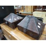 TWO INDIAN IRON MOUNTED PYRAMID TOPPED CASKETS.