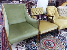 AN EDWARDIAN SQUARE BACK INLAID ARMCHAIR, A FURTHER SPINDLE BACK ARMCHAIR AND A VICTORIAN BUTTON