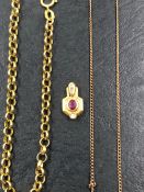 AN 18ct GOLD RUBY AND DIAMOND PENDANT, TOGETHER WITH A 9ct ROSE GOLD PENDANT CHAIN AND A 9ct GOLD