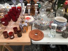 A SILVER MOUNTED BOHEMIAN OVERLAY GLASS DECANTER, RUBY DRINKING GLASSES, FLORENTINE AND OTHER