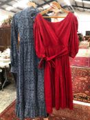 VINTAGE DRESSES. A LAURA ASHLEY PRINTED LINEN SIZE 12 MAXI DRESS, MADE IN WALES, AND A RED DAMASK