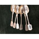 A SET OF SIX HALLMARKED SILVER DESSERT SPOONS. 311grms.