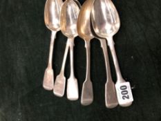 A SET OF SIX HALLMARKED SILVER DESSERT SPOONS. 311grms.