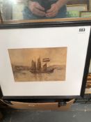 SIDNEY JAMES BEER, EARLY 20th C. ENGLISH WATERCOLOUR OF A SAILING SHIP AT ANCHOR 18 x 25cm