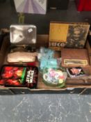 A TIN BOXED PRIMUS STOVE, PIFCO FAIRY LIGHTS, WOODEN SPIGOTS, A STAR WARS TINE BOX, ETC.