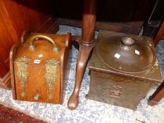 TWO ANTIQUE COAL BOXES AND A GREEN LEAD GLASS LIGHT SHADE.