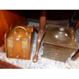 TWO ANTIQUE COAL BOXES AND A GREEN LEAD GLASS LIGHT SHADE.