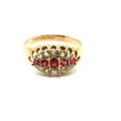 AN ANTIQUE EDWARDIAN 18ct HALLMARKED GOLD RUBY DOUBLET AND DIAMOND BOAT STYLE RING. FINGER SIZE M.