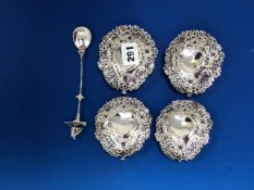 FOUR SILVER SWEETMEAT DISHES BY NATHAN AND HAYES, BIRMINGHAM 1897, PIERCED AND EMBOSSED WITH FOLIAGE