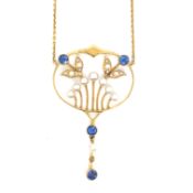 AN ANTIQUE 15ct GOLD SAPPHIRE AND PEARL LAVALIERE NECKLACE. THE REVERSE STAMPED 15ct. LENGTH