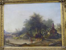 19t C. BRITISH SCHOOL, FIGURES IN LAKELAND SCENES, ONE WITH COTTAGES, TWO OILS ON CANVAS. 44.5 x