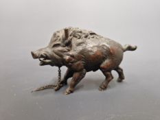 A FINE ANTIQUE BRONZE BOAR FORM TABLE LIGHTER TOGETHER WITH A BOAR FORM PAPER CLIP WITH NIB WIPE