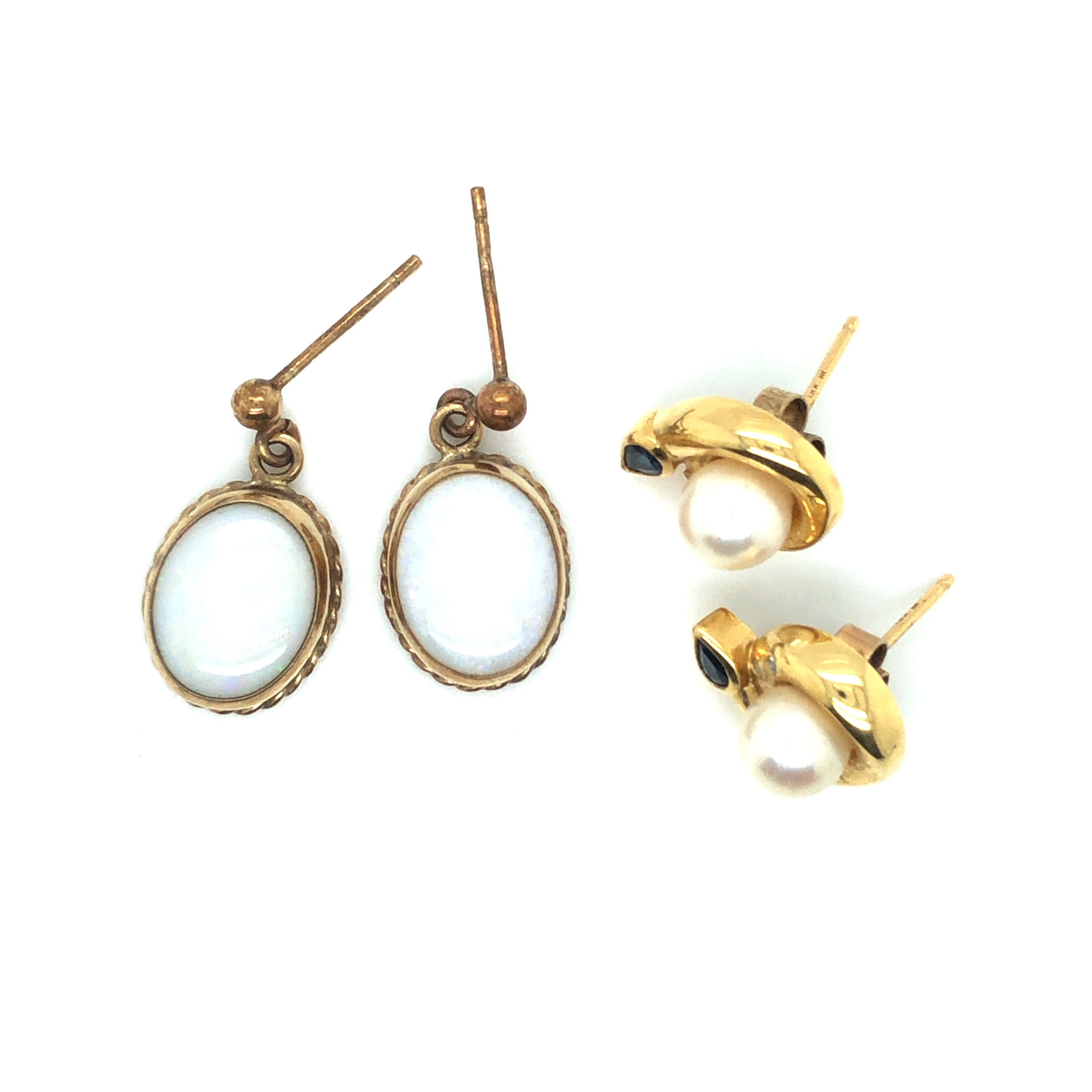 A PAIR OF CULTURED PEARL, SAPPHIRE AND DIAMOND CONTEMPORARY STUD EARRINGS, NO ASSAY MARKS, - Image 2 of 2