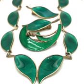 A DAVID ANDERSEN NORWAY SILVER GILT AND ENAMEL LEAF NECKLACE AND EARRING SET DESIGNED BY WILLY