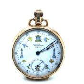 A 9ct HALLMARKED GOLD WALTHAM USA OPEN FACE MASONIC POCKET WATCH,DATED 1926. THE DUST COVER AND BACK