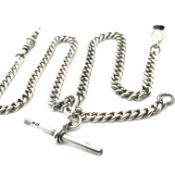 A VINTAGE HALLMARKED SILVER ALBERT CURB CHAIN COMPLETE WITH T-BAR AND DOG CLIP CLASPS. EACH LINK