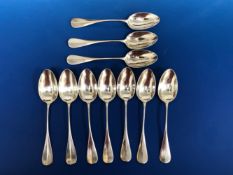 TEN 19th C. FRENCH SILVER RATTAIL PATTERN DESSERT SPOONS BY LOUIS-PATIENT COTTAT, EACH MONOGRAMMED