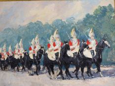 JOHN WYNNE-MORGAN (1906-91), ARR. A PARADE OF HORSE GUARDS, OIL ON CANVAS, SIGNED LOWER LEFT. 75 x
