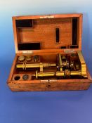 A MAHOGANY CASED LEITZ WETZLAR BRASS MONOCULAR MICROSCOPE, NO. 16900 TOGETHER WITH OPTICS AND
