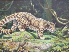 CARL D'SILVA (D. 2015), ARR. A CLOUDED LEOPARD STALKING THROUGH JUNGLE, OIL ON CANVAS MOUNTED ONTO