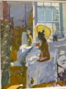 KEN HOWARD (1932-2022), ARR. JOSIE SEATED BY A MIRROR IN THE ARTISTS STUDIO, OIL ON CANVAS, SIGNED