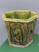 A W C GIBSON GREEN GLAZED STONEWARE PLANTER, THE HEXAGONAL SIDES MOULDED IN RELIEF WITH FRUITING