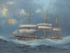 WILLIAM EDGAR ( AUSTRALIAN CIRCA 1870-1918), A THREE MASTED SHIP EARNOCK AT SEA, OIL ON CANVAS,